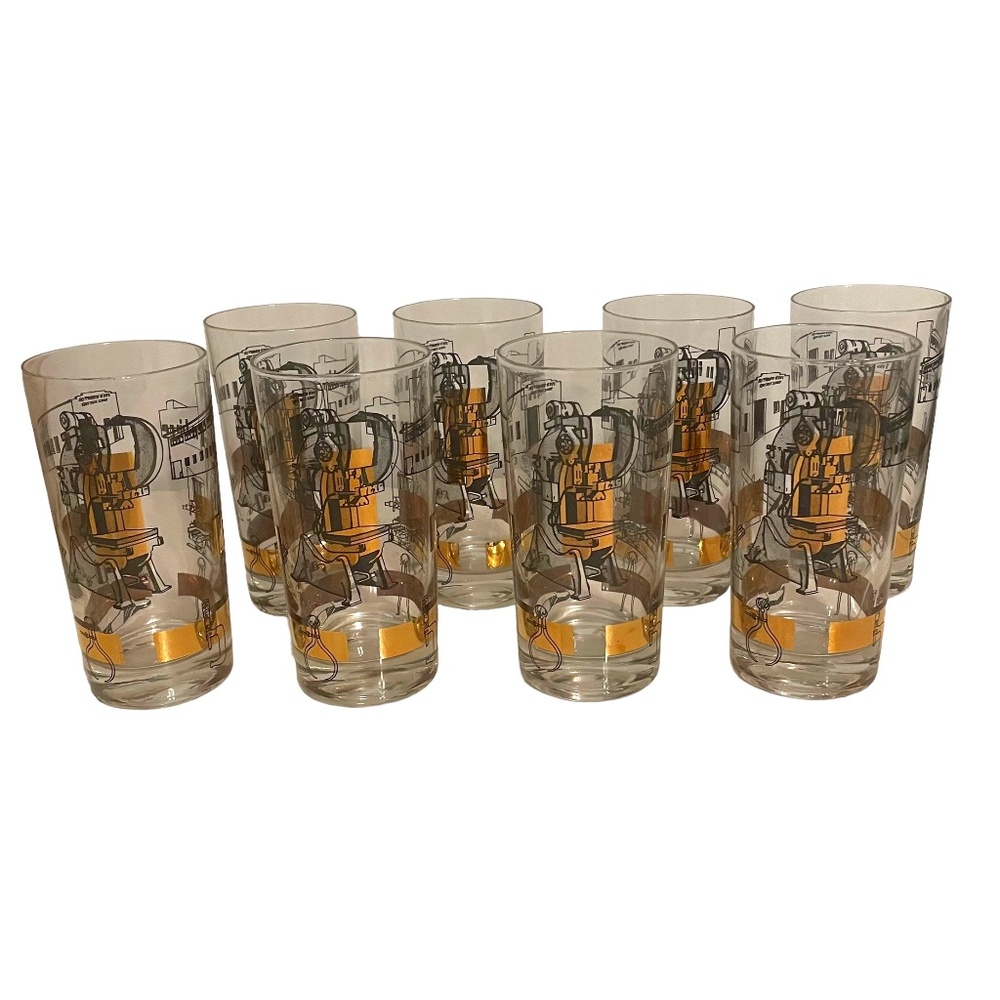 MCM Vintage Gold Industrial Mechanical‎ Engineering Highball Glasses Set of 8